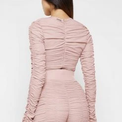 Woman Tops Ruched Long Sleeve Bodysuit - Dusty Pink