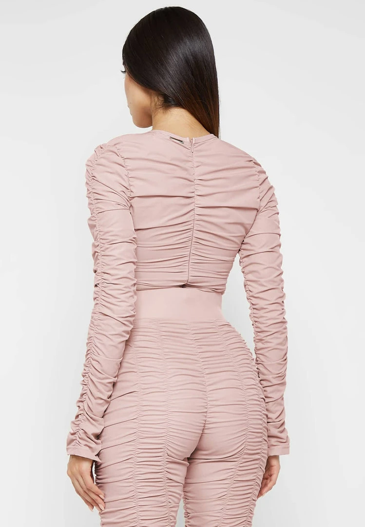 Woman Tops Ruched Long Sleeve Bodysuit - Dusty Pink