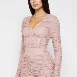 Woman Tops Ruched Long Sleeve Bodysuit - Dusty Pink