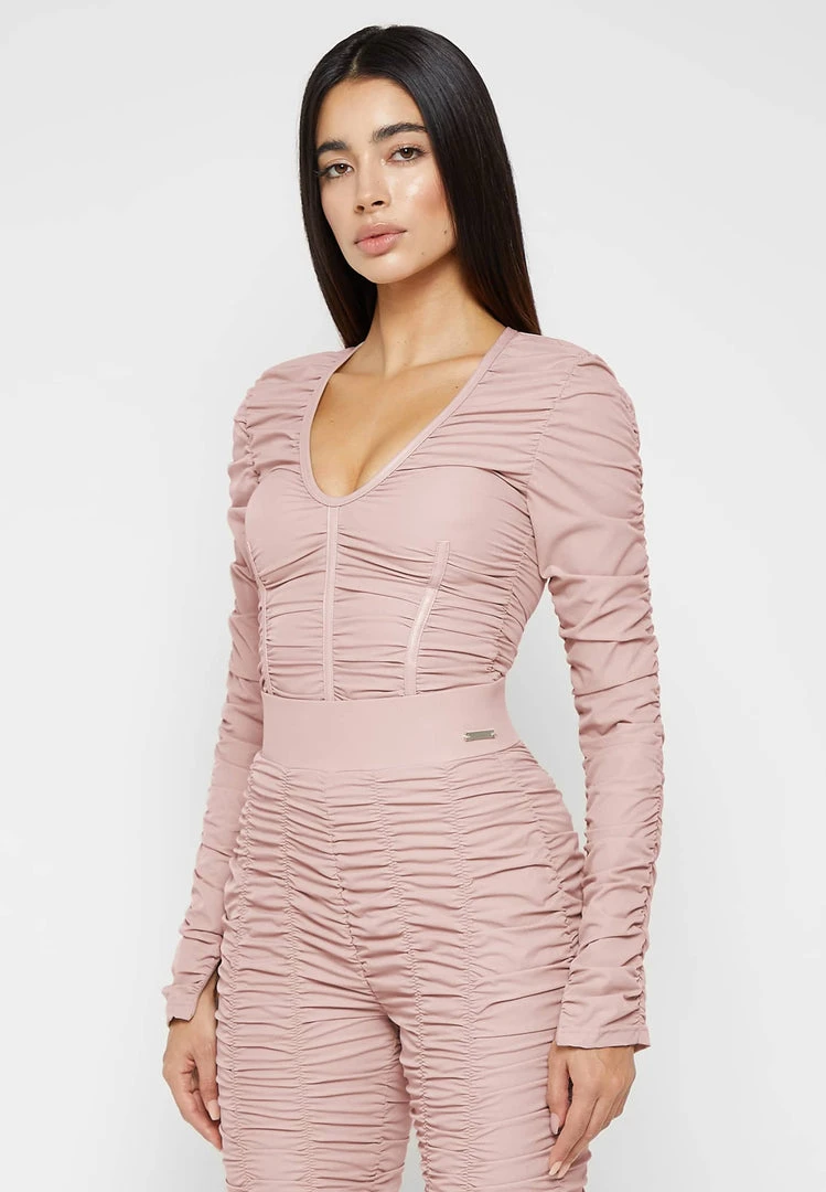 Woman Tops Ruched Long Sleeve Bodysuit - Dusty Pink