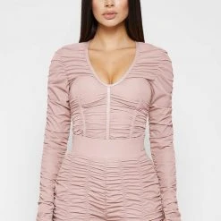 Woman Tops Ruched Long Sleeve Bodysuit - Dusty Pink