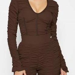 Woman Tops Ruched Long Sleeve Bodysuit - Brown