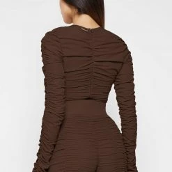 Woman Tops Ruched Long Sleeve Bodysuit - Brown