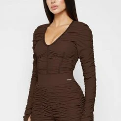 Woman Tops Ruched Long Sleeve Bodysuit - Brown
