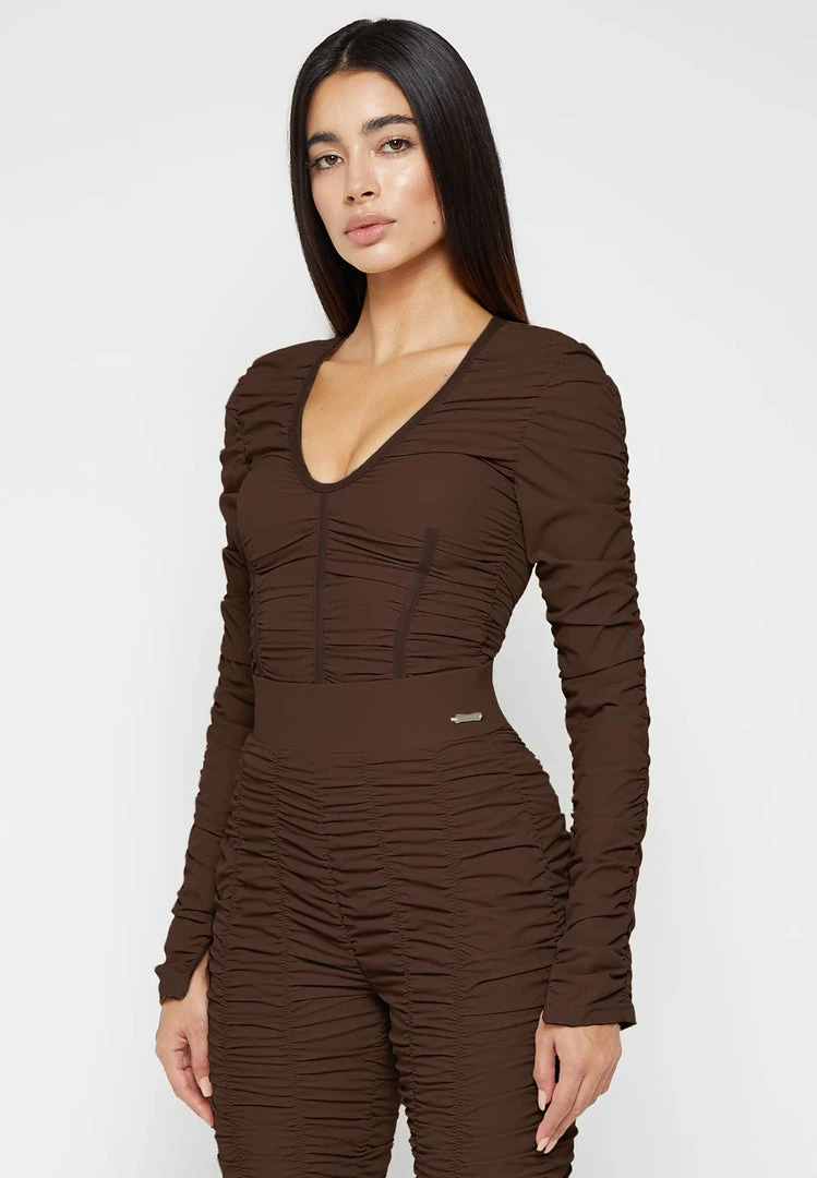 Woman Tops Ruched Long Sleeve Bodysuit - Brown