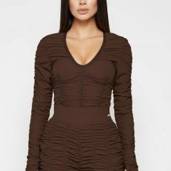 Woman Tops Ruched Long Sleeve Bodysuit - Brown