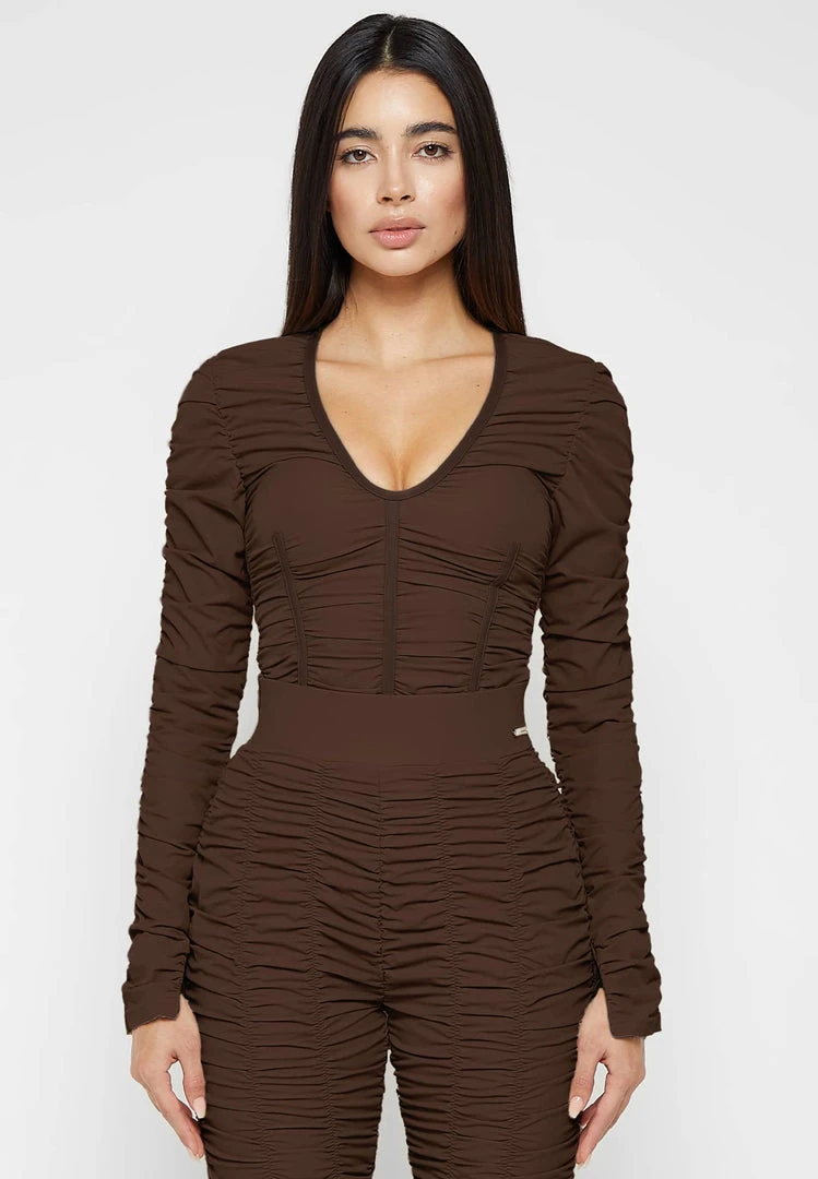 Woman Tops Ruched Long Sleeve Bodysuit - Brown