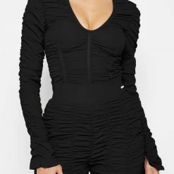 Woman Tops BODYSUITS Ruched Long Sleeve Bodysuit - Black