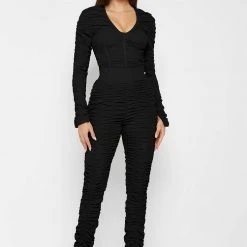 Woman Tops BODYSUITS Ruched Long Sleeve Bodysuit - Black