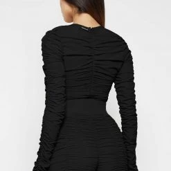 Woman Tops BODYSUITS Ruched Long Sleeve Bodysuit - Black