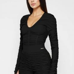 Woman Tops BODYSUITS Ruched Long Sleeve Bodysuit - Black