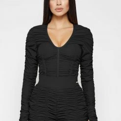 Woman Tops BODYSUITS Ruched Long Sleeve Bodysuit - Black