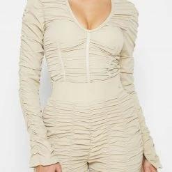 Woman Tops Ruched Long Sleeve Bodysuit - Beige BODYSUITS