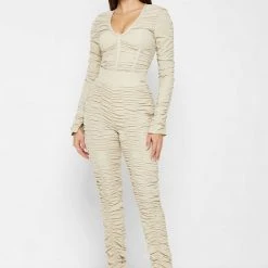 Woman Tops Ruched Long Sleeve Bodysuit - Beige BODYSUITS