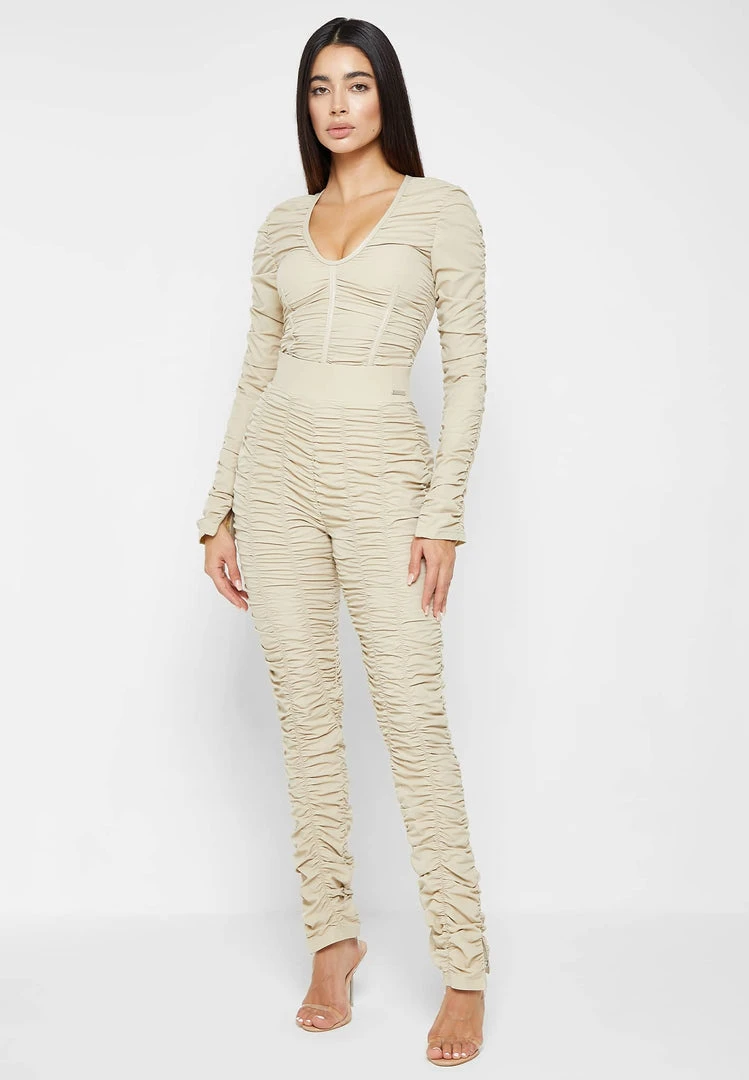 Woman Tops Ruched Long Sleeve Bodysuit - Beige BODYSUITS
