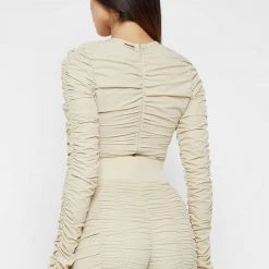Woman Tops Ruched Long Sleeve Bodysuit - Beige BODYSUITS