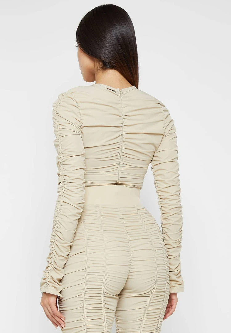 Woman Tops Ruched Long Sleeve Bodysuit - Beige BODYSUITS