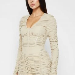 Woman Tops Ruched Long Sleeve Bodysuit - Beige BODYSUITS