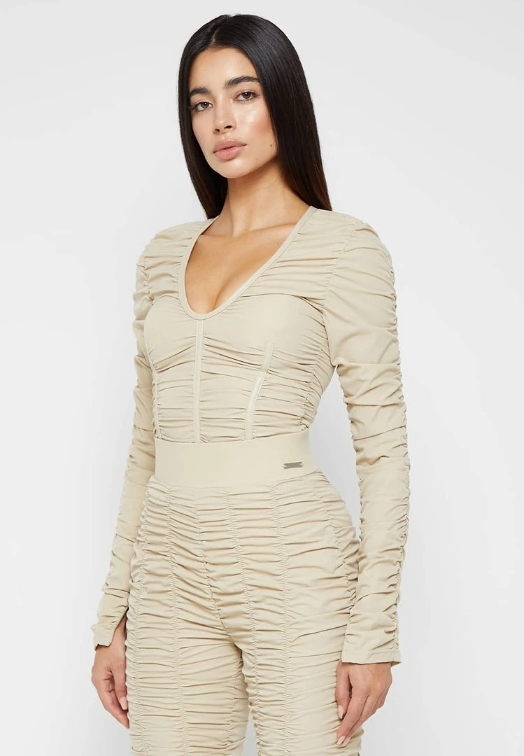 Woman Tops Ruched Long Sleeve Bodysuit - Beige BODYSUITS
