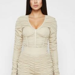 Woman Tops Ruched Long Sleeve Bodysuit - Beige BODYSUITS