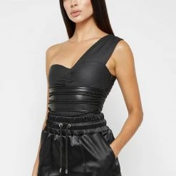 Woman Tops Vegan Leather Rope Bodysuit - Black BODYSUITS