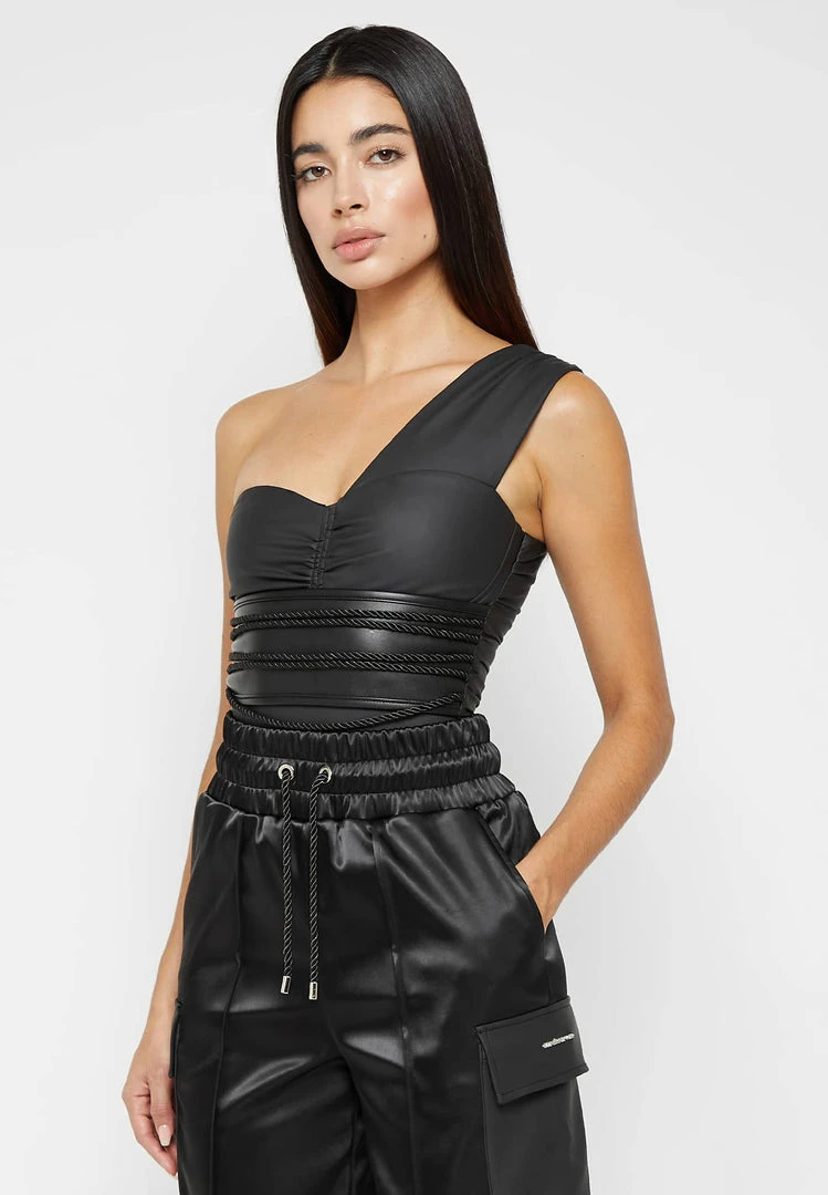 Woman Tops Vegan Leather Rope Bodysuit - Black BODYSUITS