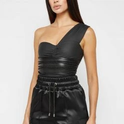 Woman Tops Vegan Leather Rope Bodysuit - Black BODYSUITS