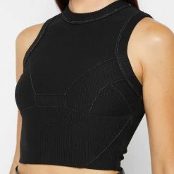 Woman Tops Ribbed Contour Racer Neck Top - Black TOPS & T SHIRTS
