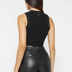 Woman Tops Ribbed Contour Racer Neck Top - Black TOPS & T SHIRTS