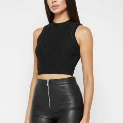Woman Tops Ribbed Contour Racer Neck Top - Black TOPS & T SHIRTS