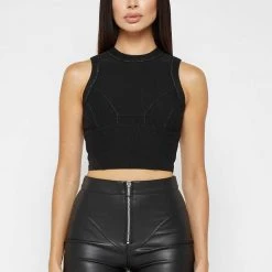 Woman Tops Ribbed Contour Racer Neck Top - Black TOPS & T SHIRTS