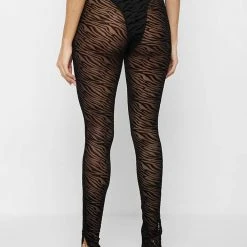 Woman Leggings Mesh Zebra Print Leggings - Black