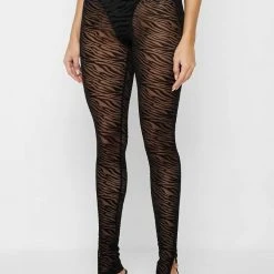 Woman Leggings Mesh Zebra Print Leggings - Black