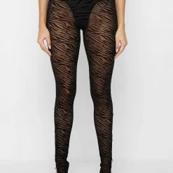 Woman Leggings Mesh Zebra Print Leggings - Black