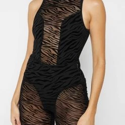 Woman Tops Mesh Zebra Print Racer Bodysuit - Black BODYSUITS