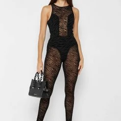 Woman Tops Mesh Zebra Print Racer Bodysuit - Black BODYSUITS