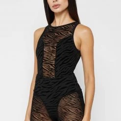 Woman Tops Mesh Zebra Print Racer Bodysuit - Black BODYSUITS