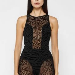 Woman Tops Mesh Zebra Print Racer Bodysuit - Black BODYSUITS
