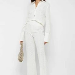 Woman Trousers Textured Wide Leg Trousers - Off White