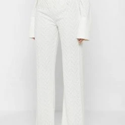 Woman Trousers Textured Wide Leg Trousers - Off White