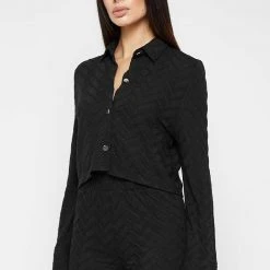 Woman Shirts Textured Long Sleeve Shirt - Black