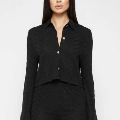 Woman Shirts Textured Long Sleeve Shirt - Black