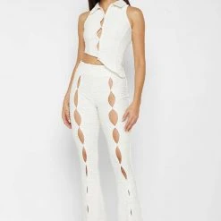 Woman Leggings Flared Mesh Button Up Trousers - Off White CO-ORDS