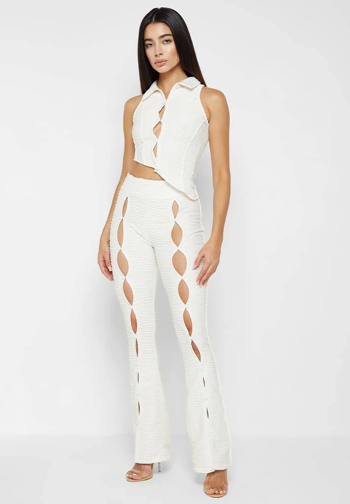 Woman Leggings Flared Mesh Button Up Trousers - Off White CO-ORDS