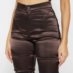 Woman Trousers Tacked Satin Flared Trousers - Brown