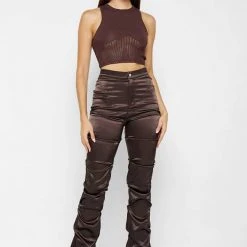 Woman Trousers Tacked Satin Flared Trousers - Brown
