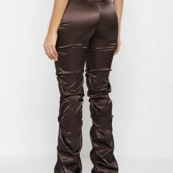Woman Trousers Tacked Satin Flared Trousers - Brown