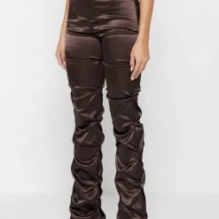 Woman Trousers Tacked Satin Flared Trousers - Brown