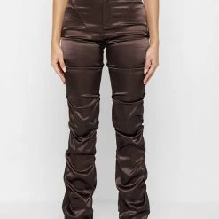 Woman Trousers Tacked Satin Flared Trousers - Brown