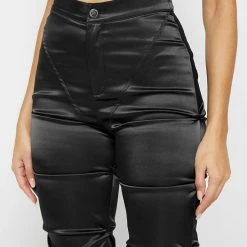 Woman Trousers Tacked Satin Flared Trousers - Black